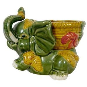 VINTAGE 1950’s Happy Jade Elephant Trunk Up Banana Leaf Basket Ceramic Planter